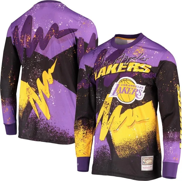 Men's Mitchell & Ness Purple Los Angeles Lakers Hardwood Classics Hyper Hoops Moto Sublimated Long Sleeve T-shirt