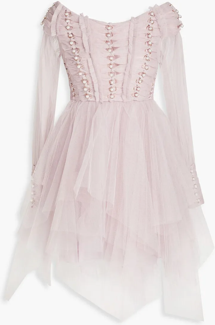 Off-the-shoulder embellished tulle mini dress