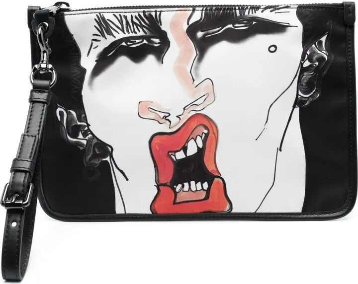 Graphic-Print Leather Clutch Bag