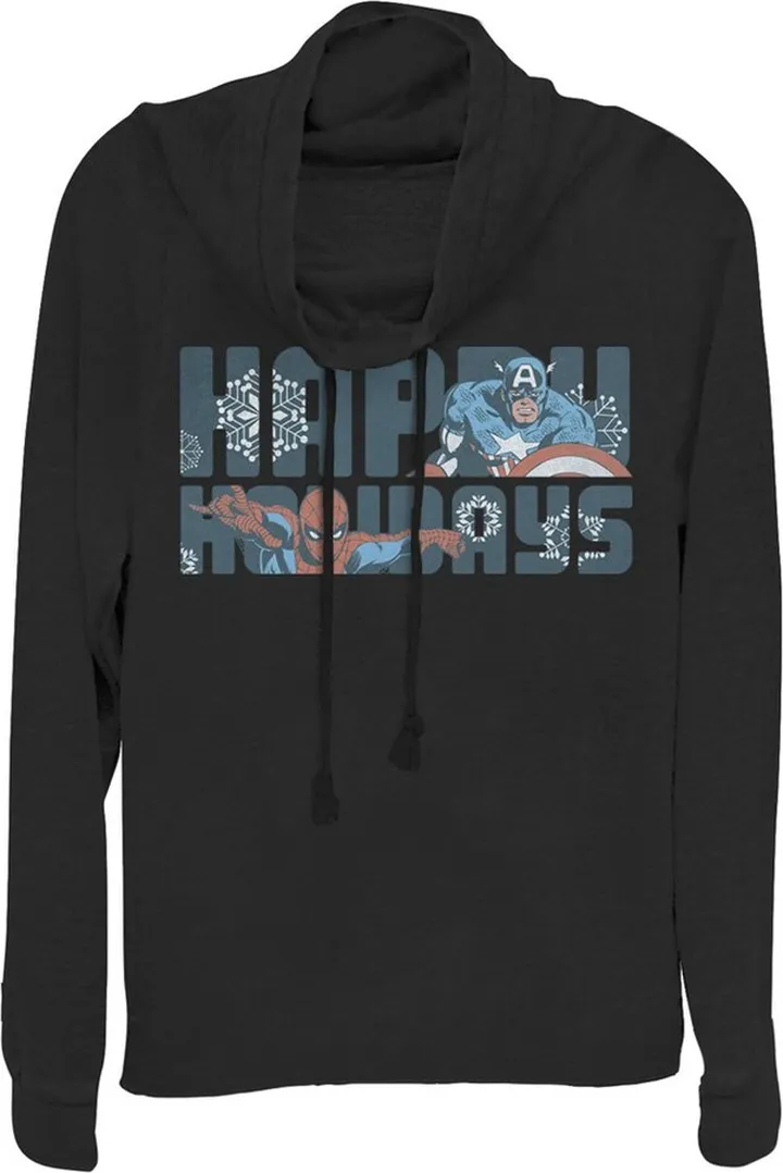 Junior's Marvel Happy Holiday Heroes Cowl Neck Sweatshirt - Black - X Small