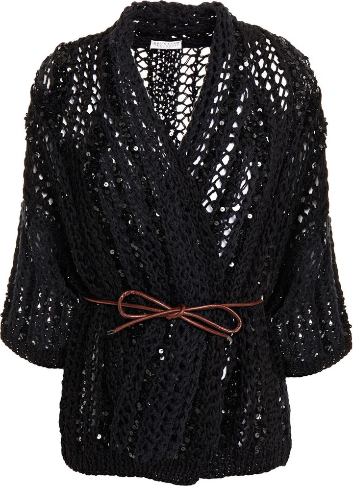 Sequin-embellished belted open-knit cotton cardigan