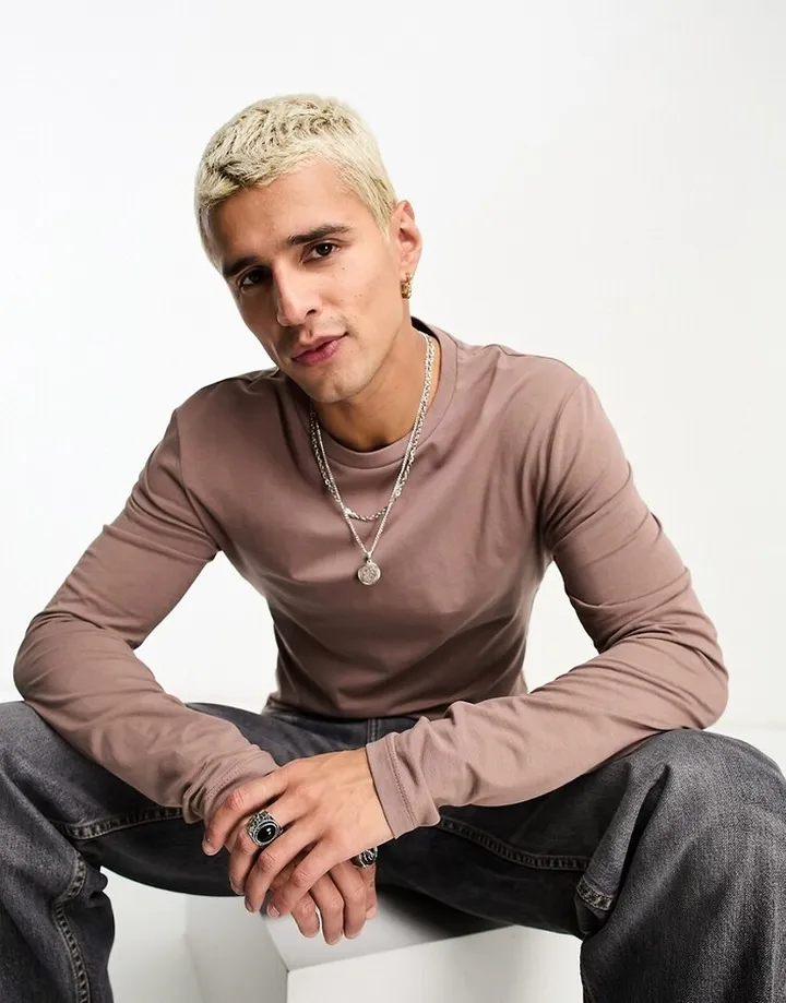 ASOS Design long sleeve muscle t-shirt in light brown