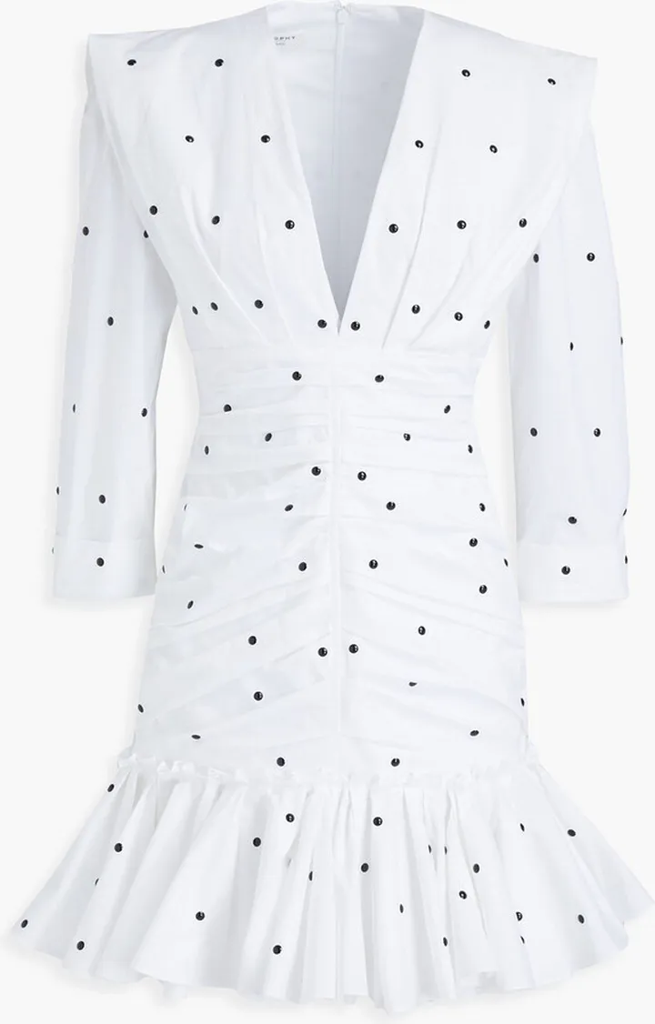 Ruched studded cotton-poplin mini dress