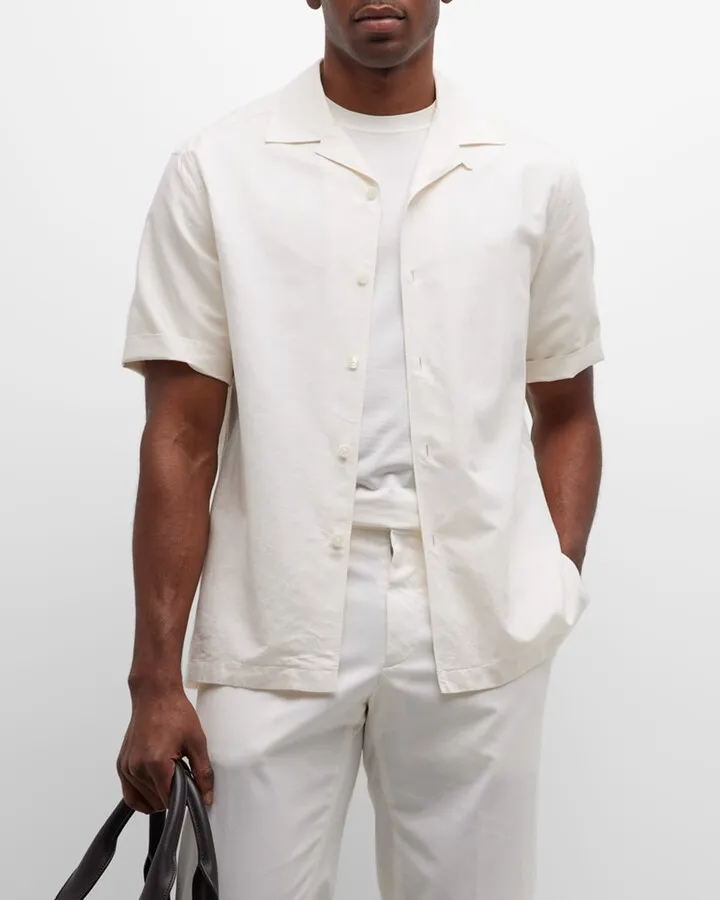 Men's Crossover Cotton-Linen Camp Shirt