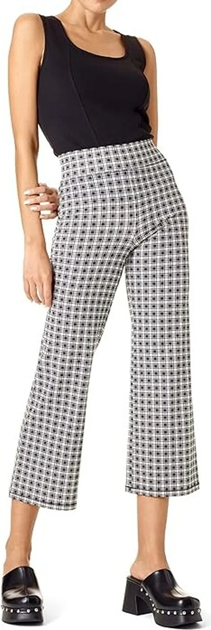 HUE Gingham Plaid Cotton Cropped Flare (Black) Women's Casual Pants