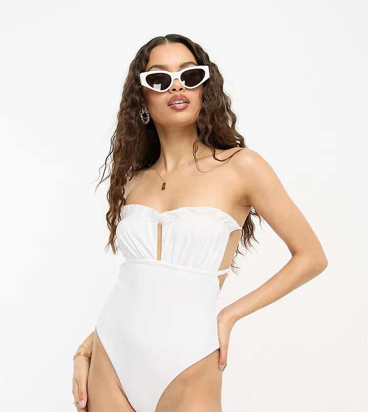ASOS DESIGN Petite bandeau frill swimsuit in white