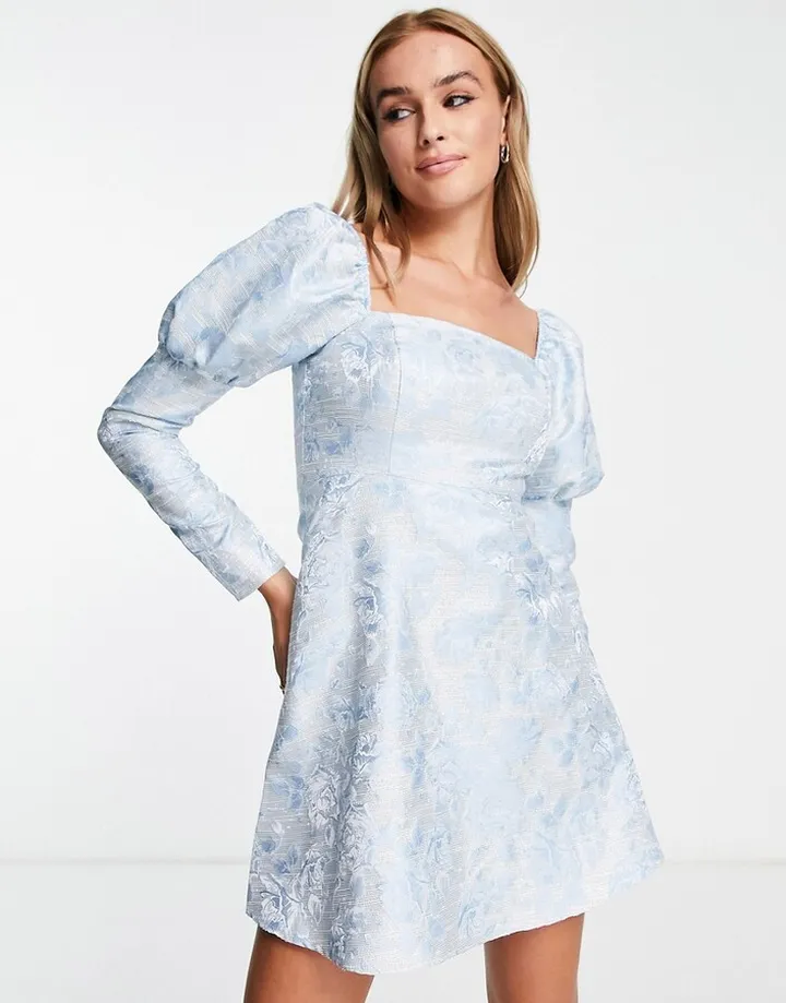 Miss Selfridge jacquard puff sleeve mini dress in blue