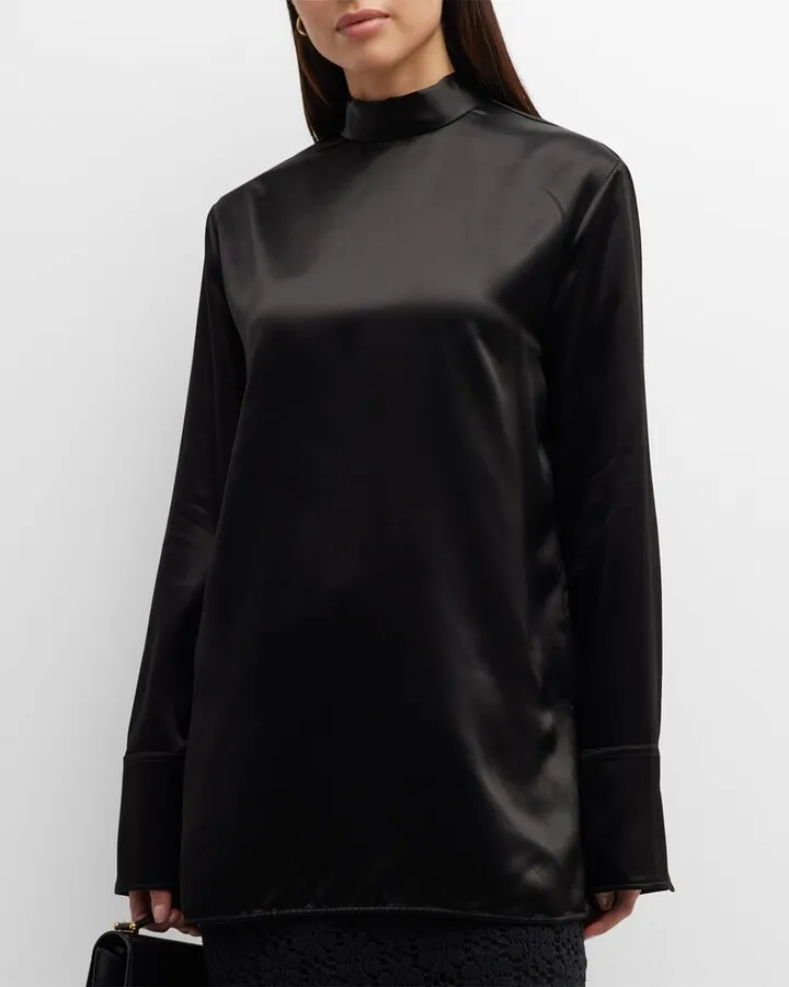 Self-Tie Mock-Neck Satin Top