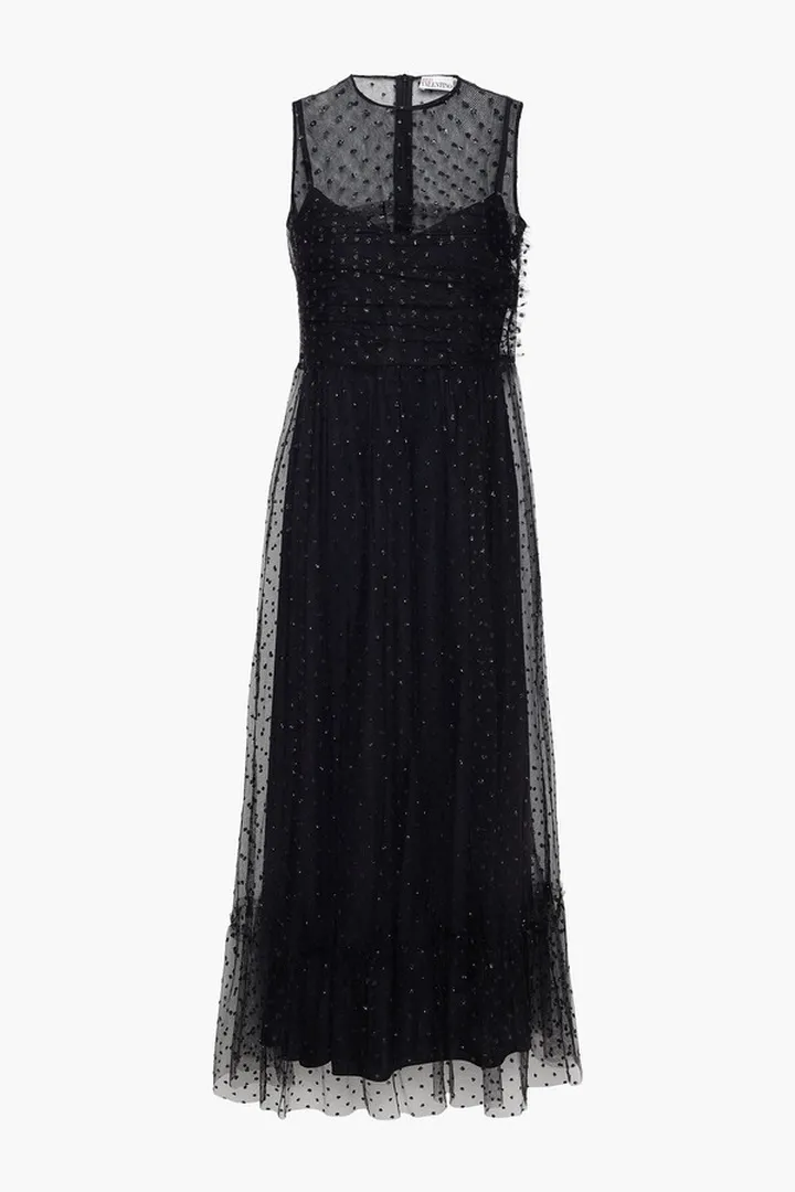 Gathered glittered tulle midi dress