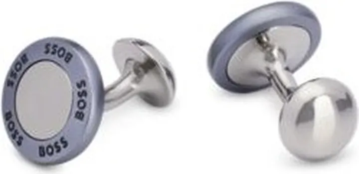 Round brass cufflinks with logo-etched aluminum ring
