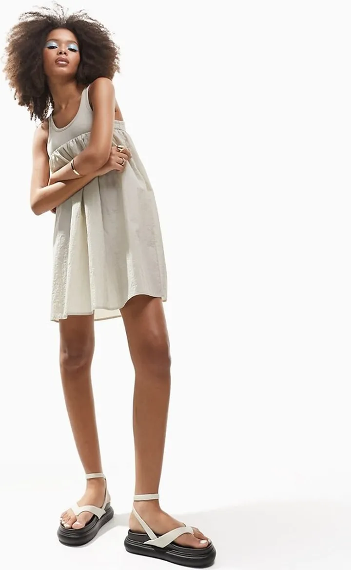 ASOS DESIGN racer 2 in 1 mini smock dress with puff skirt in stone
