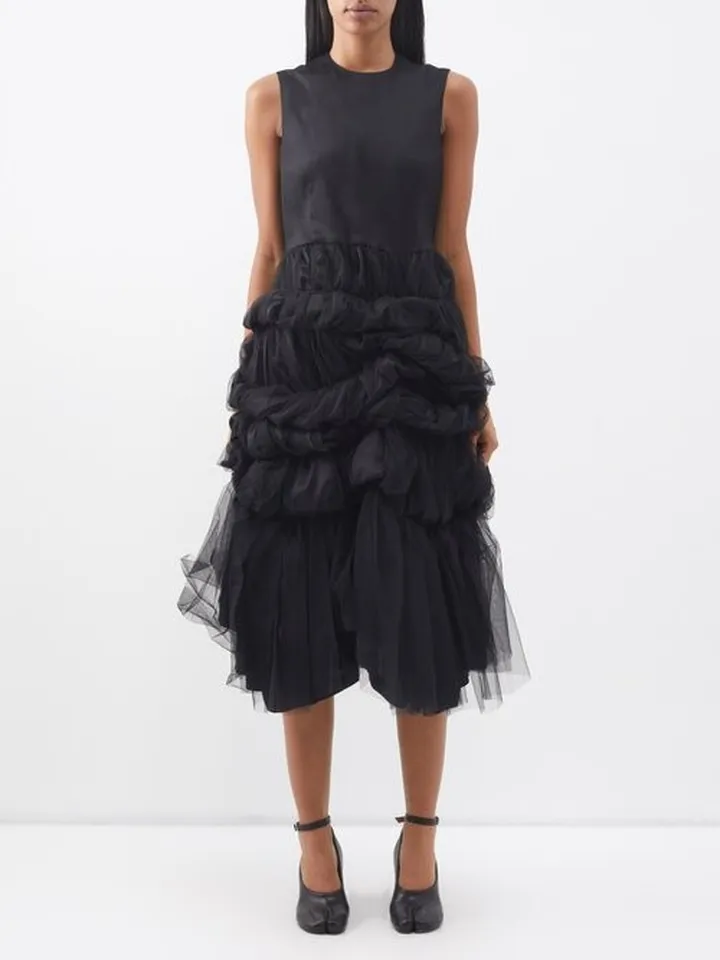 Satin And Gathered-tulle Midi Dress