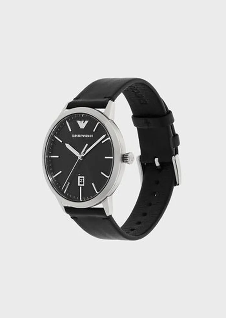Three-Hand Date Black Leather Watch and Bracelet Set