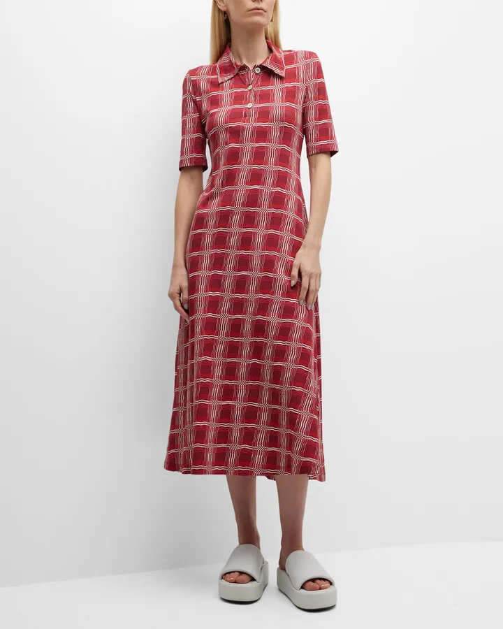 Wavy Plaid Midi Polo Dress