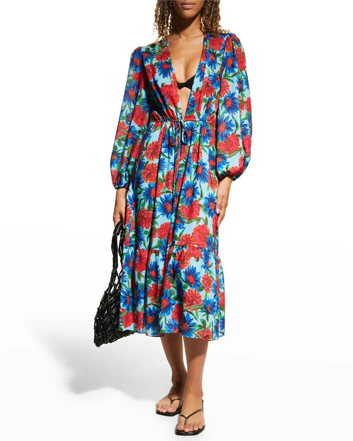 Fiona Painted Dahlia Print Midi Dress