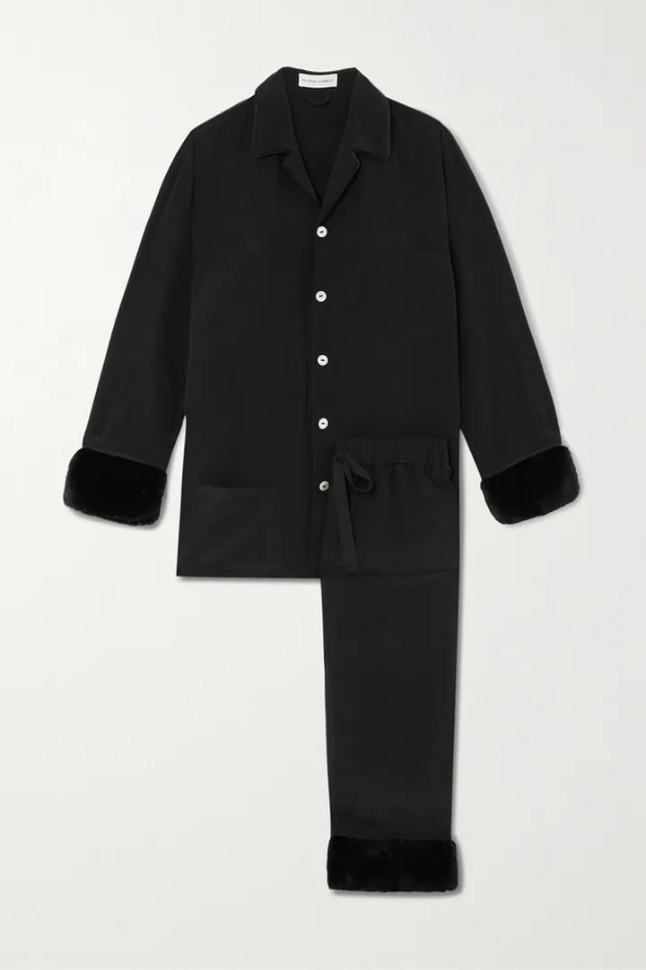 Olivia von Halle - Casablanca Riri Faux Fur-trimmed Silk Crepe De Chine Pajama Set - Black