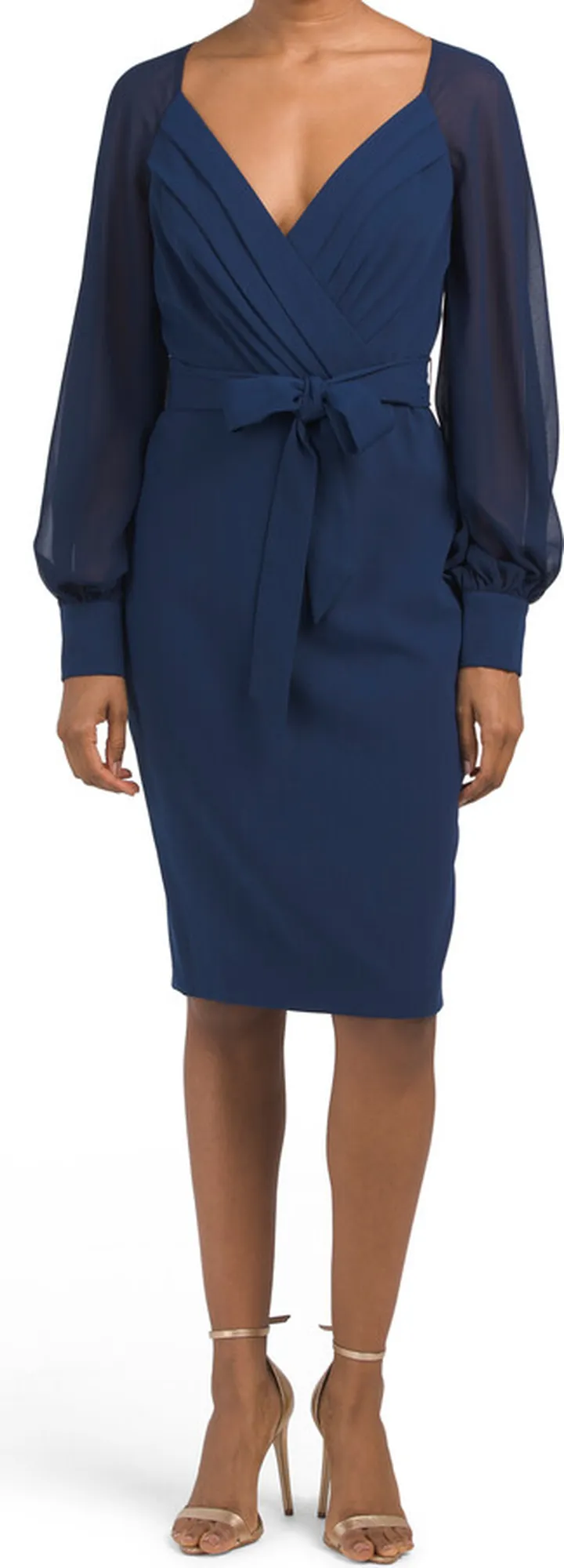 Long Illusion Sleeve Cocktail Dress With Tie Waist