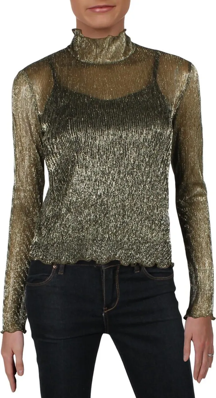Womens Metallic Sheer Turtleneck Top