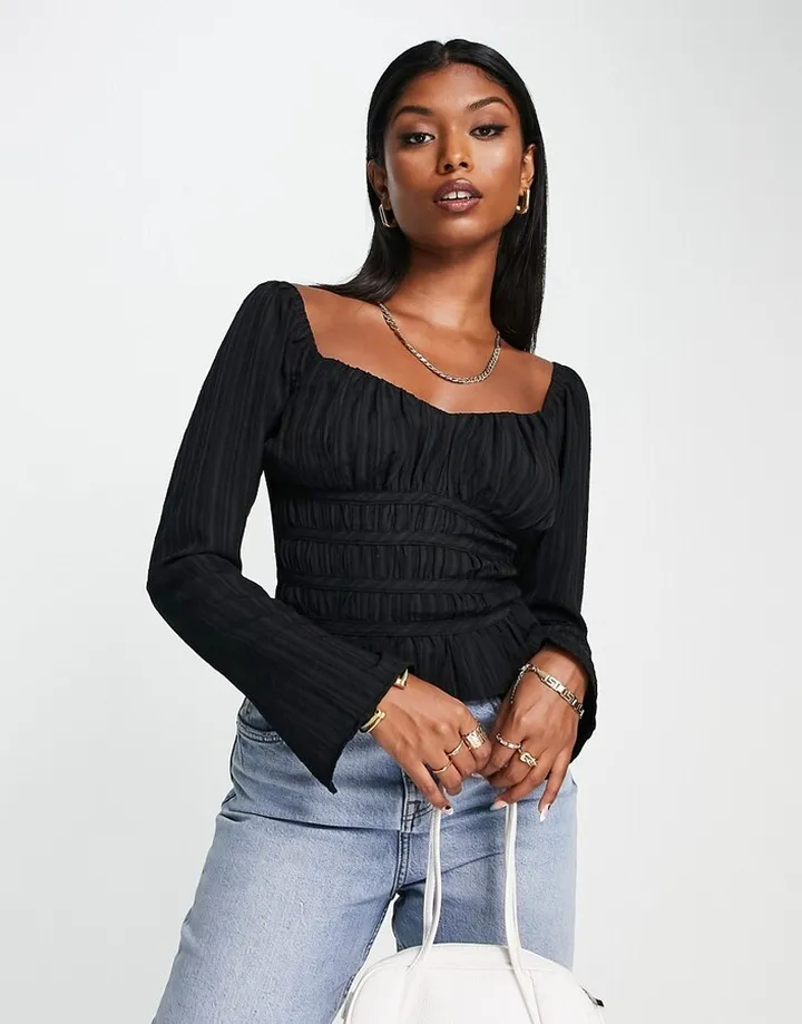 Topshop sweetheart neck textured long sleeve top in black