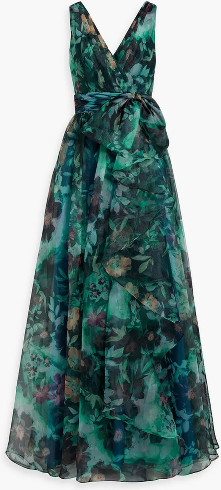 Wrap-effect floral-print organza gown