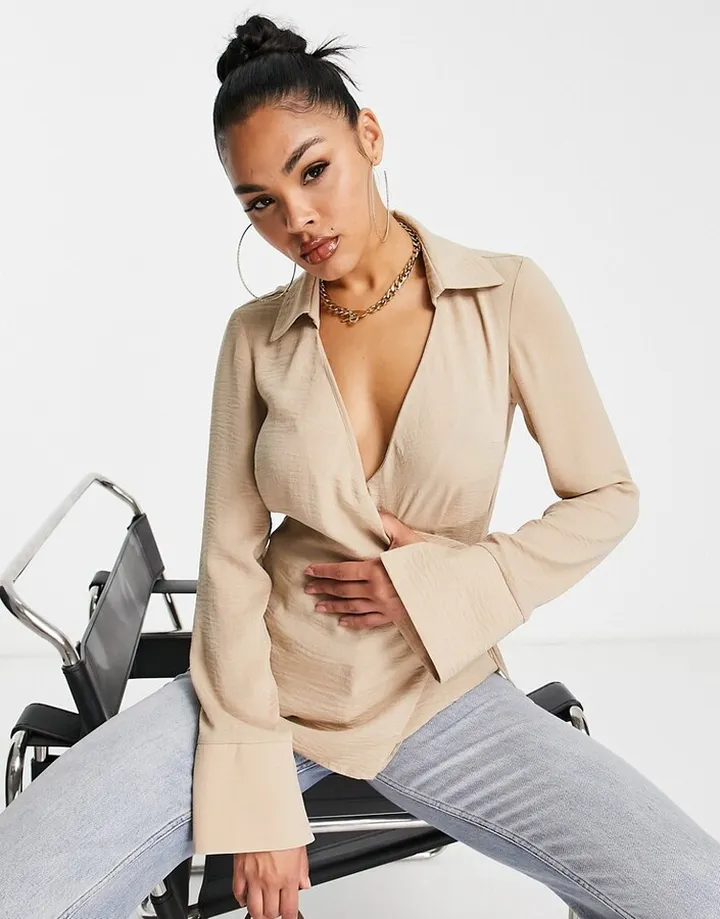ASOS DESIGN wrap shirt in natural stone