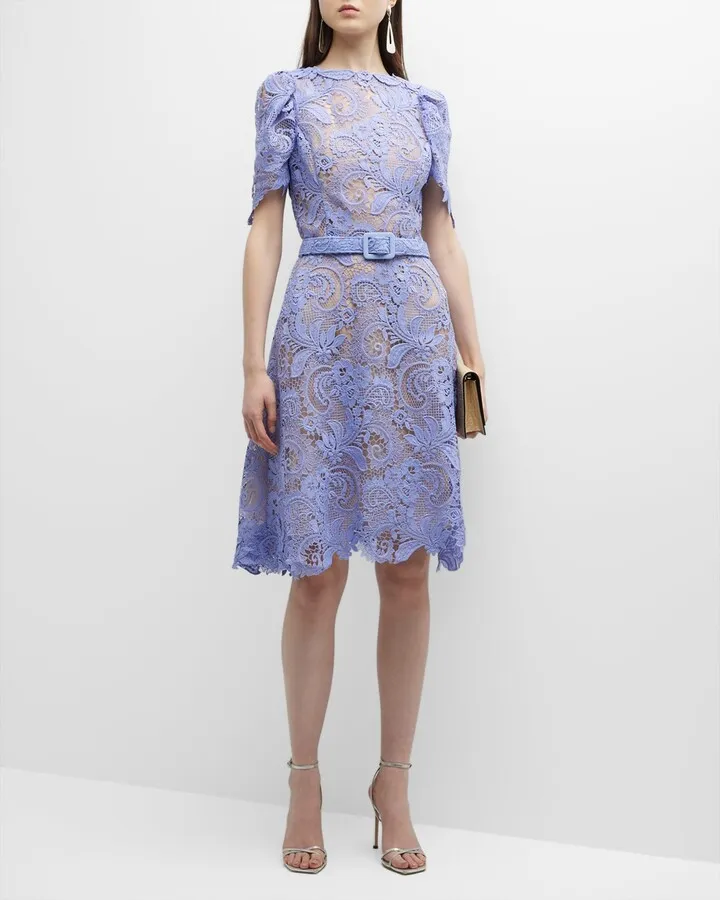 Corded Scroll Belted Lace Dress