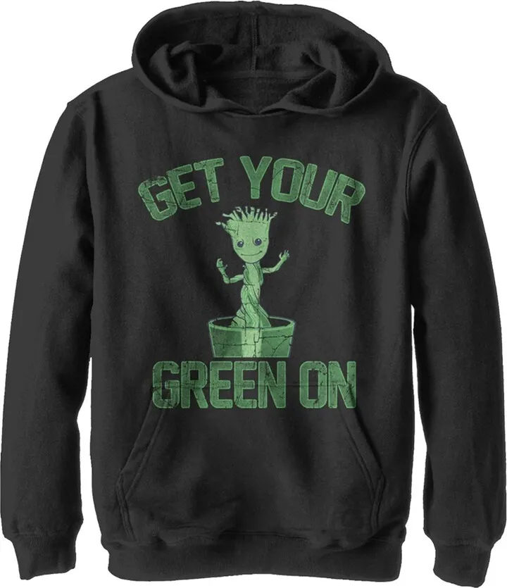 Boy's Marvel Groot St. Patrick's Day Get Your Green On Pull Over Hoodie - Black - Large