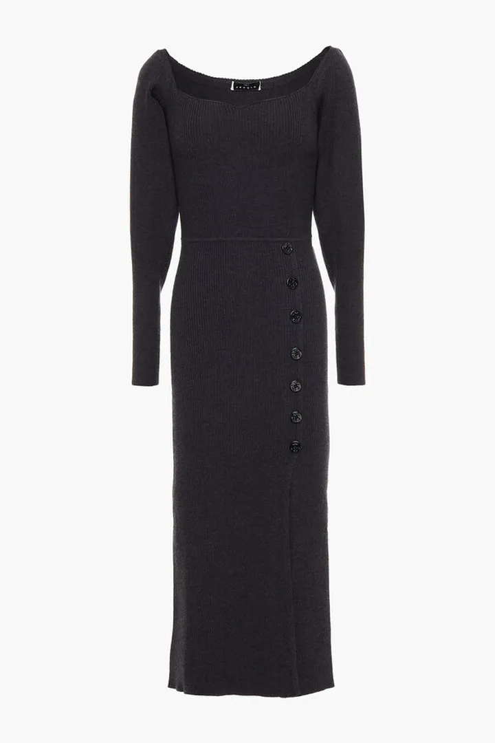 Madine button-embellished mélange ribbed-knit midi dress