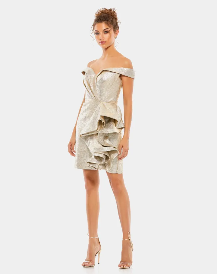 Metallic Off Shoulder Side Ruffle Mini Dress
