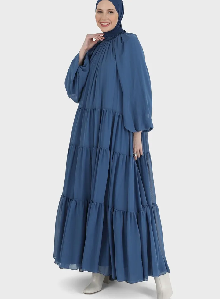 Balloon Sleeve Mesh Tiered Dress