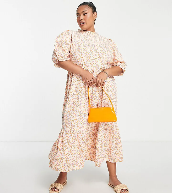 Simply Be tiered midi dress in orange floral