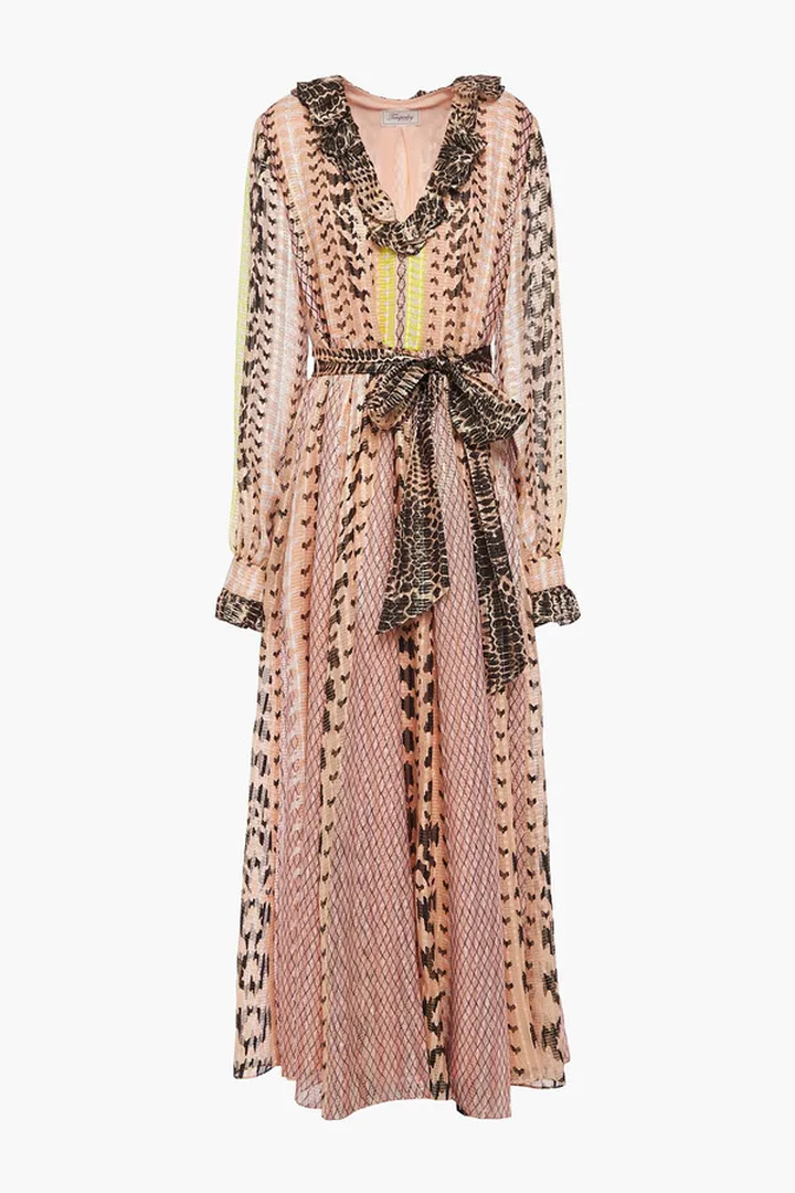 Delilah ruffled printed metallic silk-blend voile maxi dress