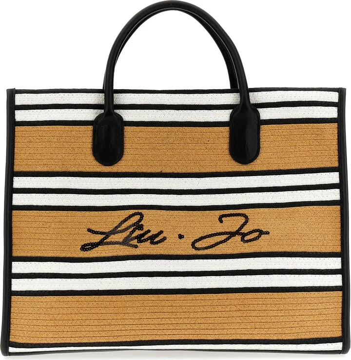 Logo Striped Raffia Shopping Bag