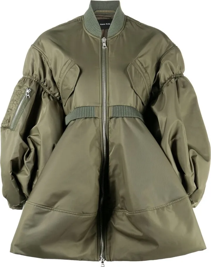 Green Puff-Sleeve Bomber Jacket