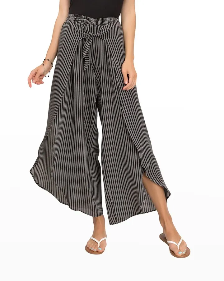 Deanne Striped Cotton Wide-Leg Slit Pants
