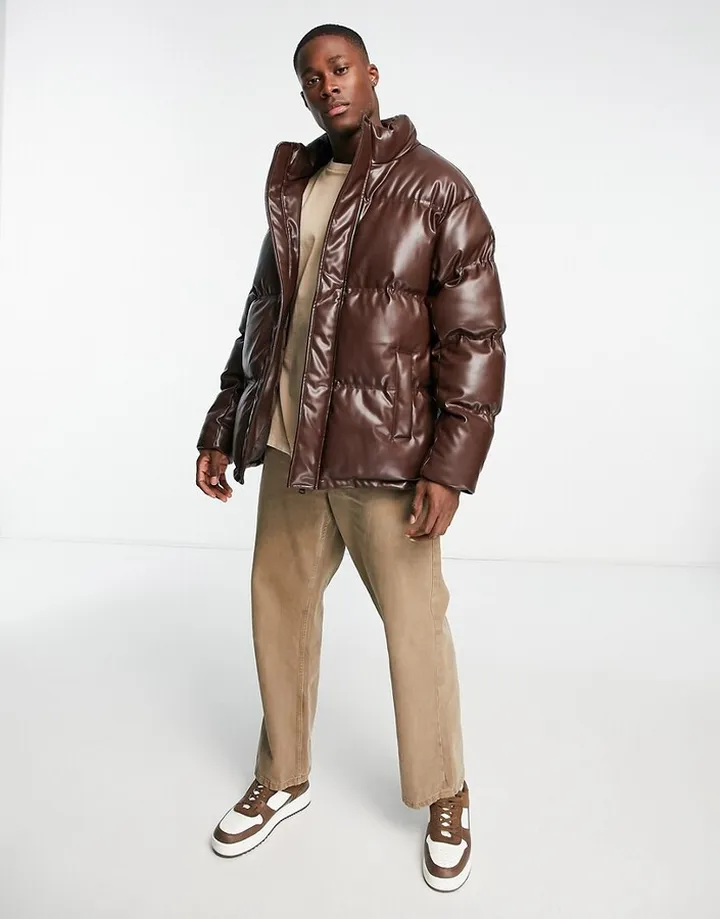 Urbancode faux leather puffer jacket in brown