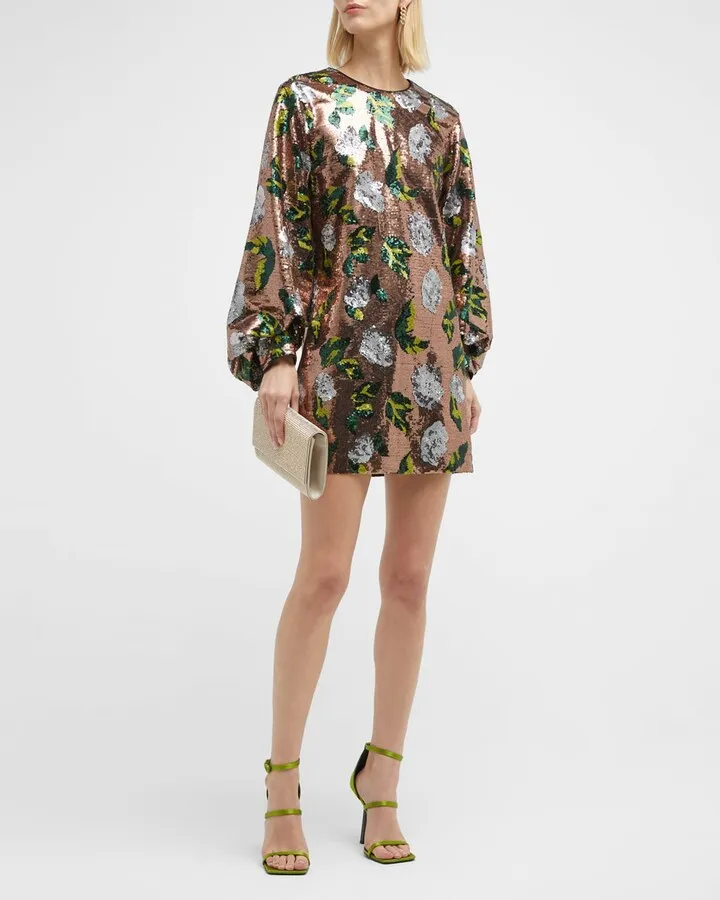 Floral Sequin Balloon-Sleeve Mini Dress