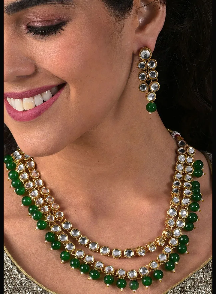 Gold Plated Designer Stone Beaded Chain and Earrings Set