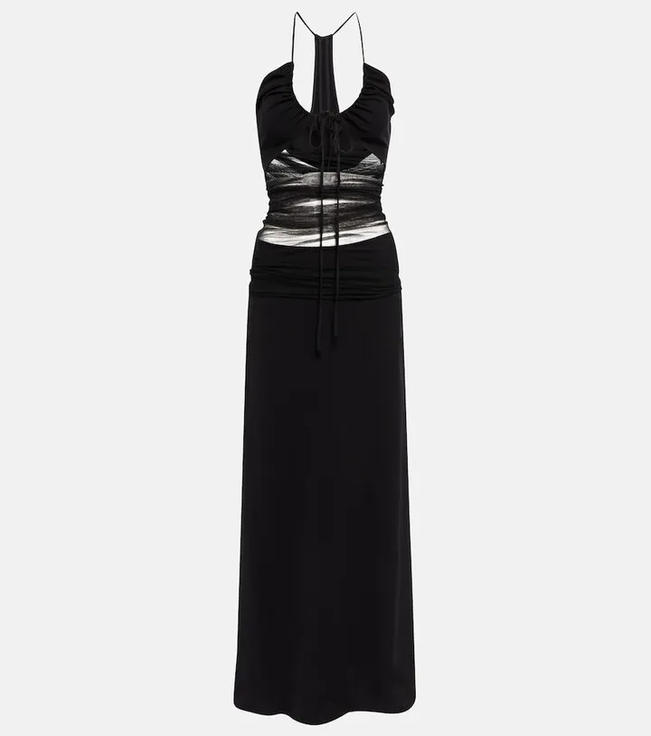 Tulle-trimmed halterneck maxi dress