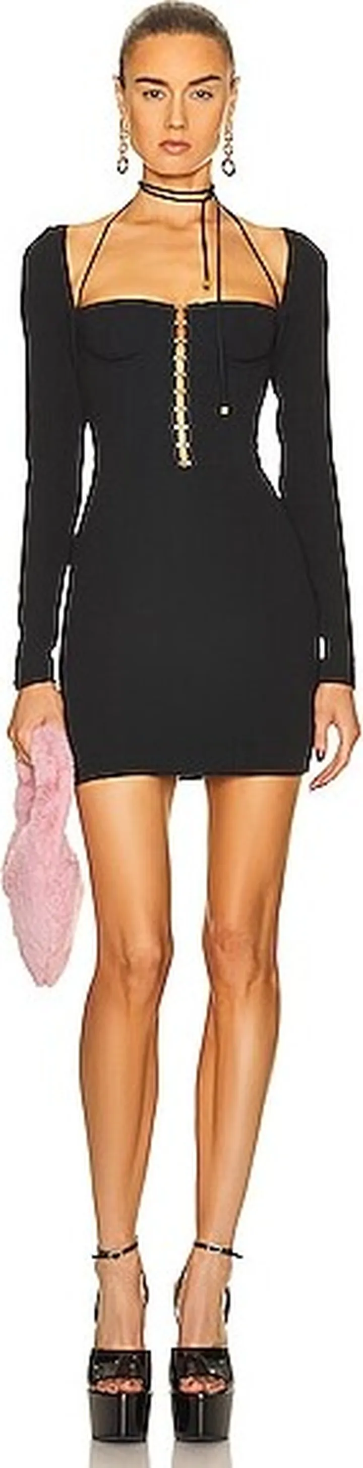 Blumarine Long Sleeve Tie Neck Mini Dress in Black