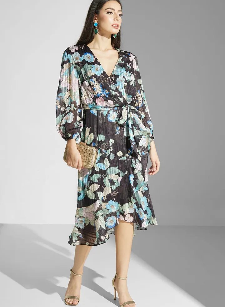 Floral Surplice Belted Dress