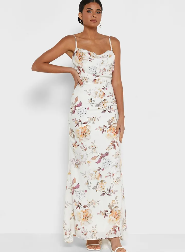 Cowl Neck Floral Print Strappy Dress