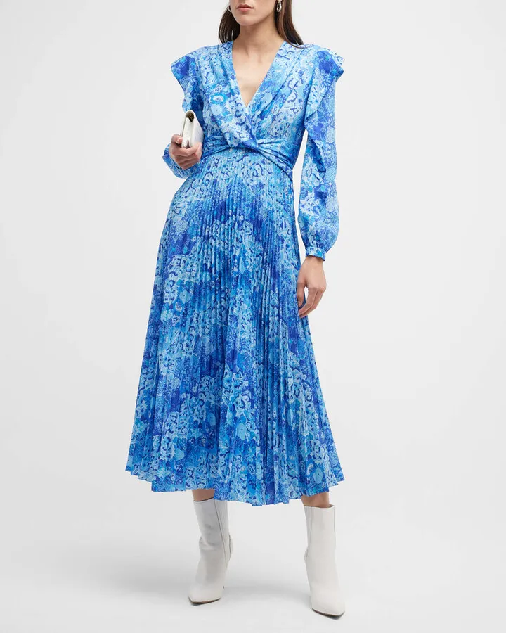 Chrishelle Printed V-Neck Ruffle Midi Dress