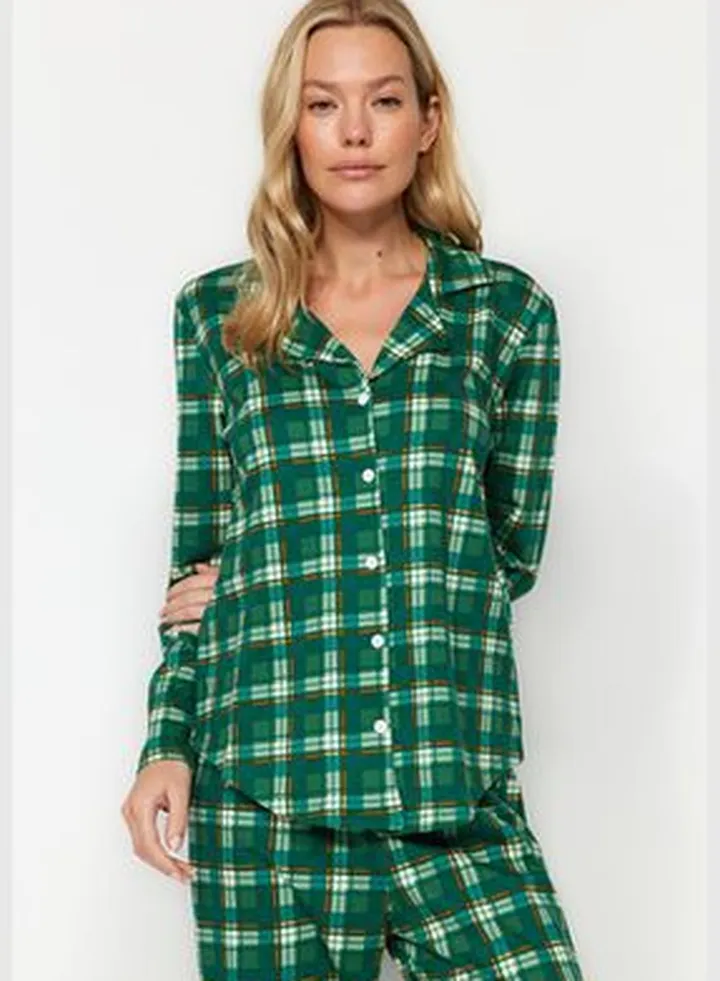 Green 100% Cotton Check Shirt-Pants Knitted Pajamas Set THMAW24PT00252.