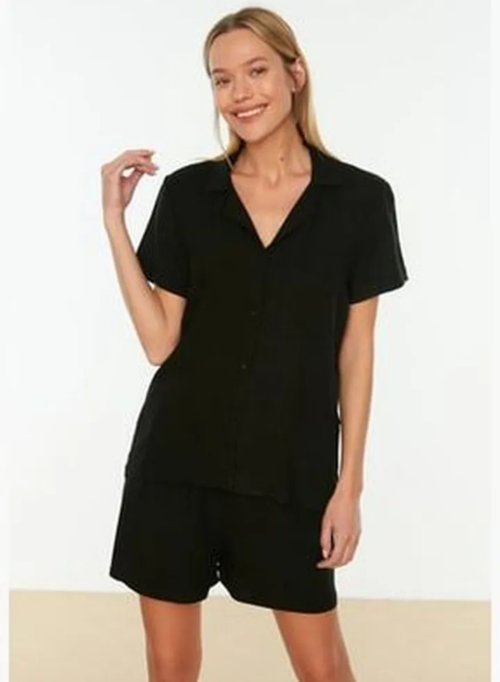 Weaving Black Viscose Shirt-Shorts Pajamas Set