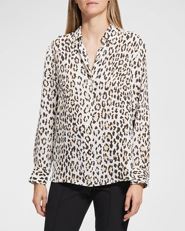 Oversized Leopard-Print Button-Front Blouse