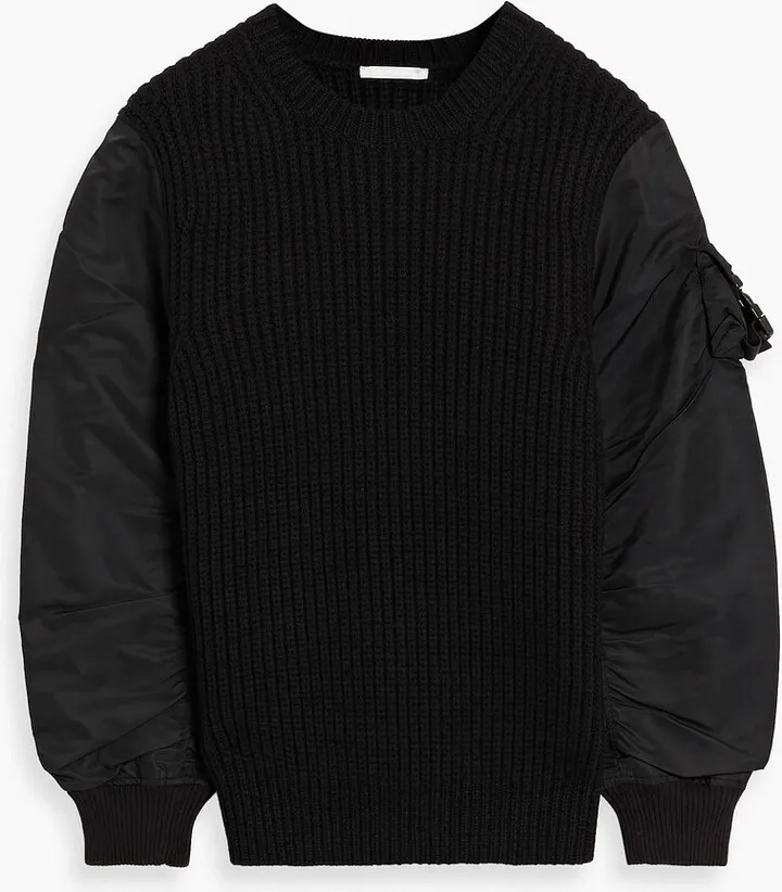 Shell-paneled ribbed merino wool-blend sweater