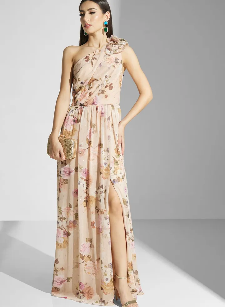 One Shoulder Side Slit Floral Print Dress