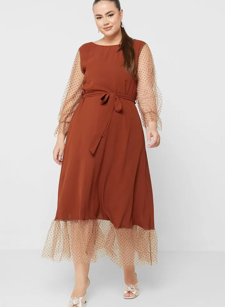 Mesh Detail Belted Fit & Flare Dress