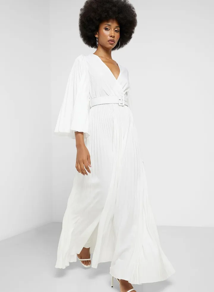 Pleated Flare Sleeve Belted Dress